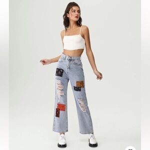 CIDER Light Wash High Rise Straight Leg Cropped Patchwork Jeans, Size Small